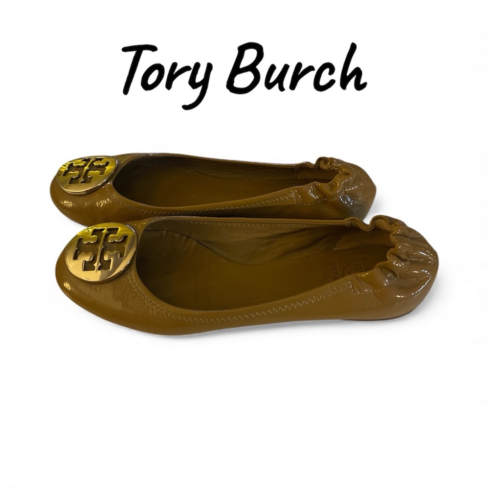 Tory Burch Tan Patent Leather Ballet Flats with Gold Logo